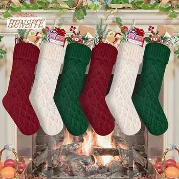 18 дюймов однотонные рождественские чулки большого размера с ромбическим узором, конфеты, подарок, мягкая шерстяная пряжа, вязаные носки зелёный