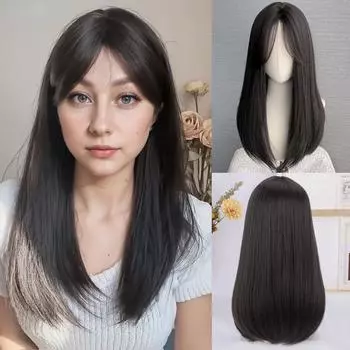 18-дюймовый черный прямой парик с челкой, синтетическое волокно, термостойкий, не бликующий, натуральный, для косплея, для женщин, для ежедневного использования, корейская мода 18inches коричневый/чёрный