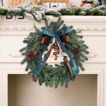 18-дюймовый рождественский венок из искусственных шишек с колокольчиками, бантом, для дома и улицы, реалистичный венок из сосновых иголок для декора стен, окон и дверей зелёный