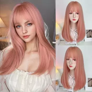 18-дюймовый розовый парик с прямой челкой, синтетический парик из волокна, термостойкий, без бликов, натуральный косплей для женщин, повседневное использование, корейская мода 18inches коричневый/розовый