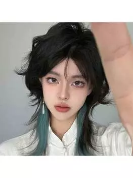 18-дюймовый средне-длинный парик с волчьим хвостом и средней частью головы, коричневые и черные пряди, темно-зеленые парики для косплея на Хэллоуин и Рождество 26inch