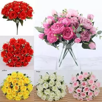18 головок шелковых роз искусственные цветы искусственный букет украшение стола для вечеринки желтые красные розовые розы свадебный цветок невесты золотой
