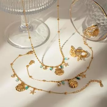 18-каратное позолоченное ожерелье из нержавеющей стали в виде ракушки со звездами и стразами, ожерелье, браслет, набор антиаллергенных ювелирных изделий