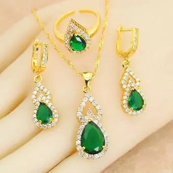 18-каратное позолоченное свадебное ювелирное изделие для женщин, серьги с зелеными кристаллами и ожерельем с подвеской, открытое кольцо, свадебный подарок зелёный