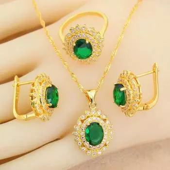 18-каратное позолоченное свадебное ювелирное изделие для женщин, серьги с цирконием, ожерелье, кулон, кольцо, свадебный подарок 6 зелёный