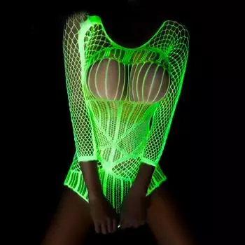18+ Ночник Эротическая сетчатая одежда с длинными рукавами Сексуальный полый ночник Цельные носки с открытой промежностью Носки с большой сеткой Носки для рыболовной сети Glow-in-the-dark long sleeve