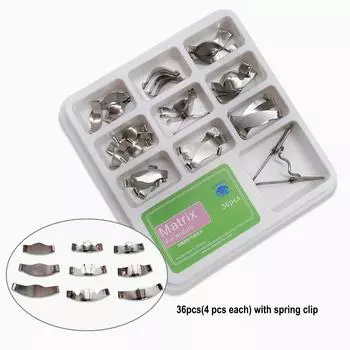 18 шт. или 36 шт. высококачественных стоматологических седловидных контурных металлических матриц, набор матриц, стоматологические секционные матрицы, универсальный набор с пружинным зажимом 1 box-18pcs