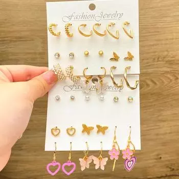 18 шт./компл., панк-готический женский комплект серег, золотые серьги, модные роскошные ювелирные изделия, позолоченные серьги в стиле ретро, бабочка, любовь золотой