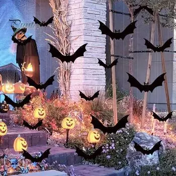 18 шт. подвесных летучих мышей на Хэллоуин, 3D реалистичная поддельная летающая летучая мышь, знак для двора, уличная, внутренняя, черная летучая мышь со светящимся глазом для двора и сада чёрный