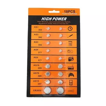 18 шт. щелочные батарейки высокой мощности в ассортименте AG1/LR621 AG3/LR41 AG4/LR626 AG10/LR1130 AG13/LR44 CR2032 1