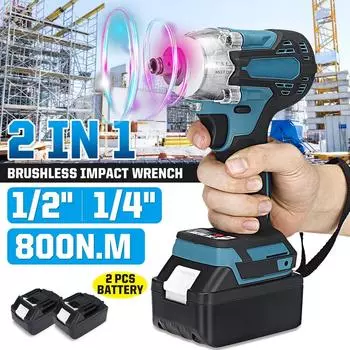 18 В, 800 Нм, литий-ионный бесщеточный аккумуляторный электрический ключ, отвертка 1/2 дюйма, 1/4 дюйма, дрель с литиевой батареей 15000 Амч + светодиодная подсветка 2 в 1