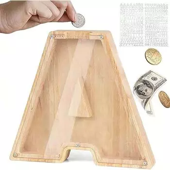 18cm Letters English Piggy Bank Wooden Coin Money Saving Box Jar Coins Storage Box Desktop Ornament Home Decor Crafts Xmas Gift