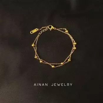 18K Double-Layer All Match Titanium Steel Colorfast Little Golden Beans Bracelet length 15+3