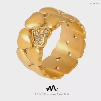 18K Gold-Plated Stainless Steel Medieval Double-Layer Heart Ring with Inlaid Diamonds for Women