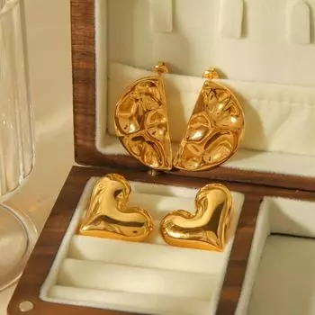 18k gold stainless steel concave-convex hammer pattern semicircular symmetrical earrings women s exaggerated high-end earrings 18K