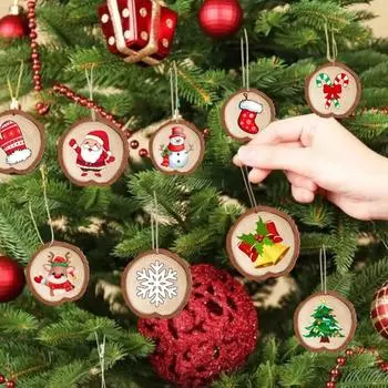 18pcs/set Cartoon Christmas Tree Wood Pendant Santa Claus Craft Carved Pendants Christmas 18pcs/set