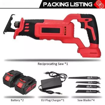 18V Электрическая сабельная пила 1500Вт с бесщеточным двигателем, литий-ионный аккумулятор, полотна, электроинструмент для резки металла и дерева для 18В аккумулятора 2*Batteries