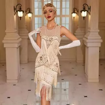 1920-е годы Ретро бальное платье с вышивкой и бахромой Коктейльная вечеринка Большое сетчатое платье с блестками и бисером 2XL зелёный