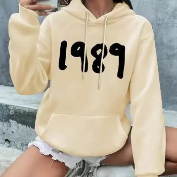 1989 однотонный пуловер с капюшоном и завязками с принтом, пуловер с карманом-кенгуру, активная толстовка с капюшоном, женские толстовки S чёрный