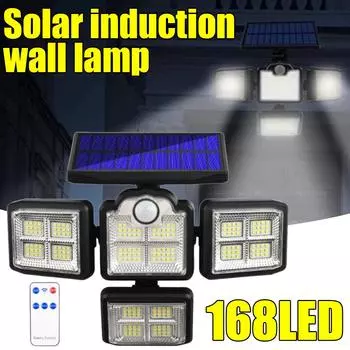 198 светодиодных солнечных фонарей, уличные, 4-х головные, датчик движения, садовые светильники, водонепроницаемые, 3 режима, с дистанционным управлением, настенный светильник 198LED-Integrated type