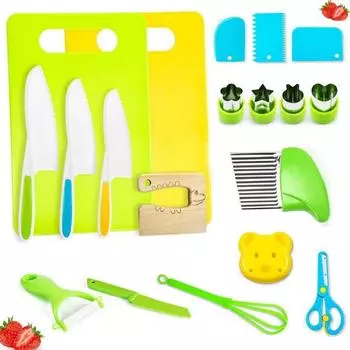 19 шт. Деревянные детские кухонные ножи - Безопасный для малышей набор ножей, Набор кухонных инструментов Монтессо для настоящей готовки с пластиковым ножом/Детская разделочная доска/Овощечистка