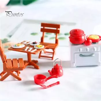 19 шт., кухонная посуда для кукольного домика, миниатюрный стол, стулья, плита, набор кухонной утвари для кукольного домика, аксессуары для сцены выпечки 1 Set