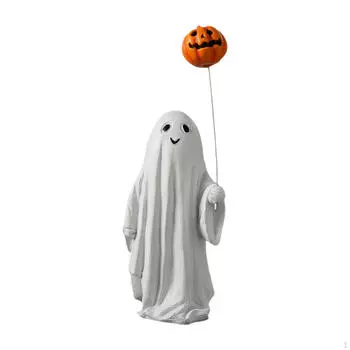 19cm Halloween Ghost Holding A Pumpkin And Balloon Tabletop Ornament, Lightweight Landscaping Props бежевый