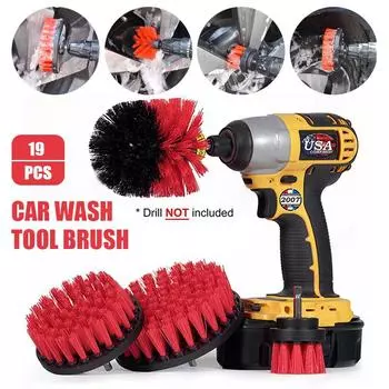 19pcs Car Beauty Brush Kit Interior Dashboard Crevice Tire Cleaning Electric Drill Brush Car Wash Sponge Towel Tool Waxer