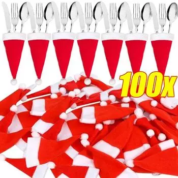 1/100 шт. рождественский держатель для столовых приборов, мини-шапка Санты, нож, вилка, сумка для столовых приборов, украшения для новогодней вечеринки, украшение домашнего обеденного стола