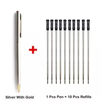 1 + 10 шт./компл. металлическая шариковая ручка со стержнями для школы, офиса, материал из нержавеющей стали, вращающиеся канцелярские принадлежности, ручки 11 Pcs Black gold синий