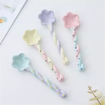 1~10PCS Ceramic Long Handle Spoon Kawaii Korean Ice Cream Hand Painted Dessert Spoon with Long Handle Kitchen Tableware