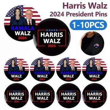 1-10pcs Harris Walz 2025 Enamel Pins Kamala President Election Lapel Badge Brooch Round Chest Pins Decoration Jewelry