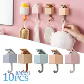 1~10PCS New Key Hooks Cute Creative Cat Hooks No Punching Cartoon Self-adhesive Bedroom Door Hooks Animal Home Decoration Hooks