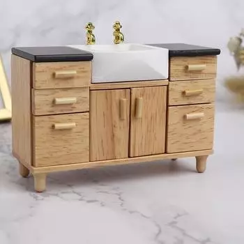 1:12 деревянных шкафов для умывальника с керамической раковиной, миниатюрная мебель, игрушки для кукольного домика, украшение для ванной комнаты и кухни