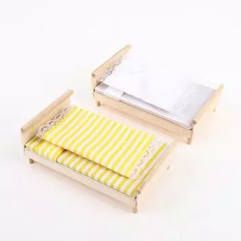 1:12 кукольных домиков Мини Мебель Спальня Микро Сцена Модель Деревянная Ткань Двуспальная Кровать жёлтый