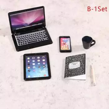 1:12 кукольных домиков, миниатюрный ноутбук, телефон, планшет, настольная лампа, книга, настольный набор, декоративная игрушка as the picture