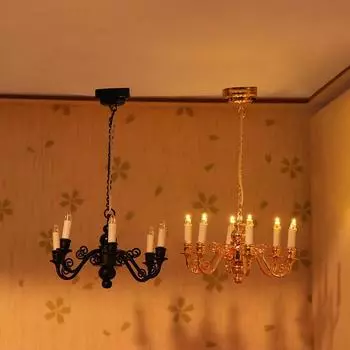 1:12 кукольных светильников Droplight Mini Led Lamp 6 головок Европейский стиль Люстра Потолочный светильник Гостиная Спальня Декор Игрушка Микро Сцена чёрный