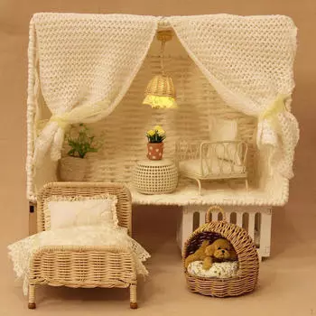 1/12 Кукольный домик Кровать Миниатюрная мебель для спальни Ролевые игры Ротанг Модель C