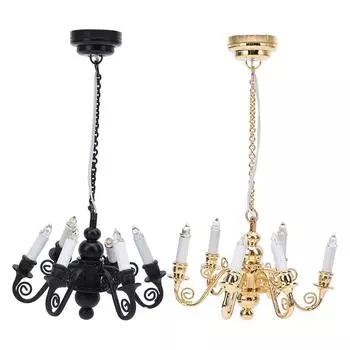 1:12 люстра для кукольного домика, освещение, 6 головок, подвесное украшение, миниатюрный потолочный светильник для кукольного домика Black