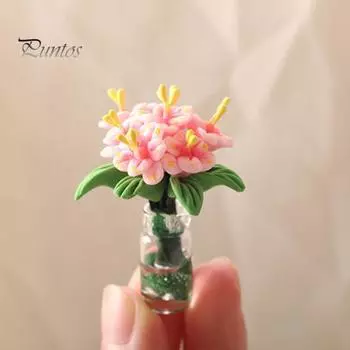 1: 12 масштабов, миниатюрная ваза для цветов жасмина, реалистичная стеклянная композиция из сушеных цветов, горшок, реалистичный декор для горшечных растений темно-розовый