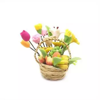 1:12 Miniature Clay Round Fruit Flower Basket Fruit Basket Model Garden Balcony Micro Landscape Decoration Collection 1PCS