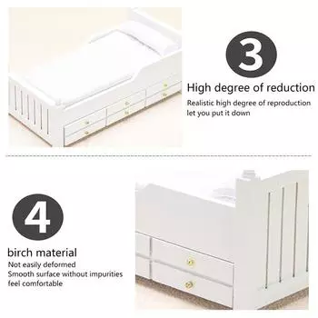 1:12 Миниатюрная кровать для кукольного домика Белая односпальная кровать с ящиком Мебель для спальни Декор