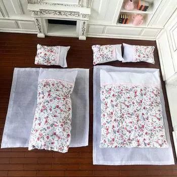 1:12 Миниатюрный комплект постельного белья для кукольного домика 7 предметов Подушки Простыни Одеяла Чехлы Домашний декор Аксессуары для игрушечного кукольного домика