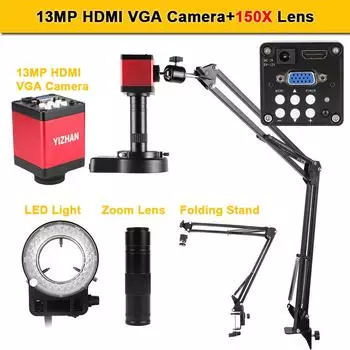 1-150X C-mount Zoom Lens Цифровой микроскоп 13MP VGA HDMI Видео Электронная камера-микроскоп Металлический кронштейн Паяльный микроскоп US Plug