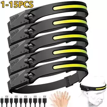 1~15Pack Sensor Headlamp Built-in Battery USB Rechargeable LED Flashlight XPE+COB Torch Camping Headlight For Fishing Lantern