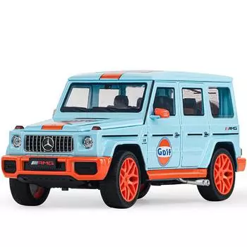 1/18 масштаб Benz Gulf Oil G63 уровень серии игрушечный автомобиль, литой автомобиль из сплава, аудиовизуальный внедорожник, детский подарок 1/18-Size:29*12.5*11cm оранжевый/синий