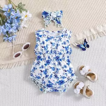 1-18 месяцев младенец девочка цветочный принт комбинезон без рукавов боди с лентой для волос 6-9M
