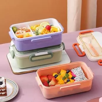 1,1 л ланч-бокс с герметичным отделением большой емкости, пригодный для использования в микроволновой печи, герметичный контейнер для хранения продуктов с ложкой, детский школьный пластиковый контейнер для бенто для офисных работников зелёный