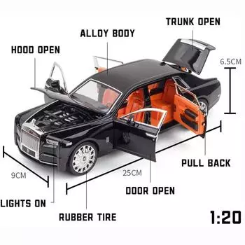 1/20 масштабная модель автомобиля-фантома, игрушечный автомобиль из цинкового сплава, металлическая модель автомобиля для литья под давлением со звуком и светом для детей, подарок для мальчиков и девочек 1/20-24.9x9x6cm чёрный