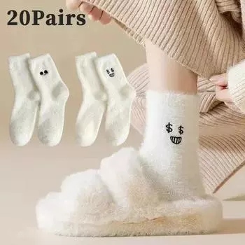 1-20Pairs Thickened and Padded Winter Socks Mink Socks Hundreds of Warm Socks Furry Embroidery Small Expression Stacked Socks